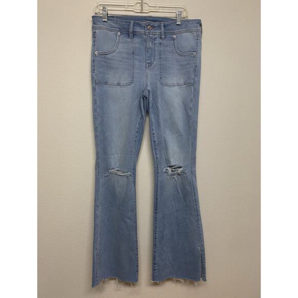 American Eagle Kick Boot Jeans Womens Next Level Stretch Light Wash Raw Hem - Picture 1 of 8